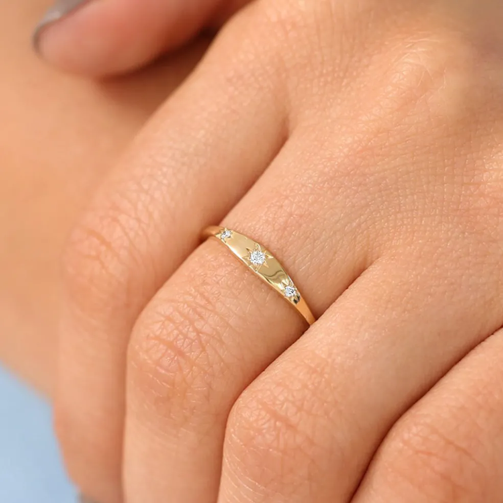 14K Gold Star Setting 3 Diamond Stacking Ring