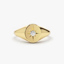 14K Gold Starburst Diamond Signet Ring