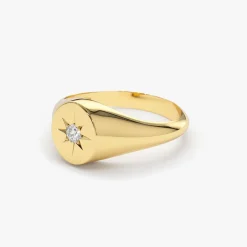 14K Gold Starburst Diamond Signet Ring