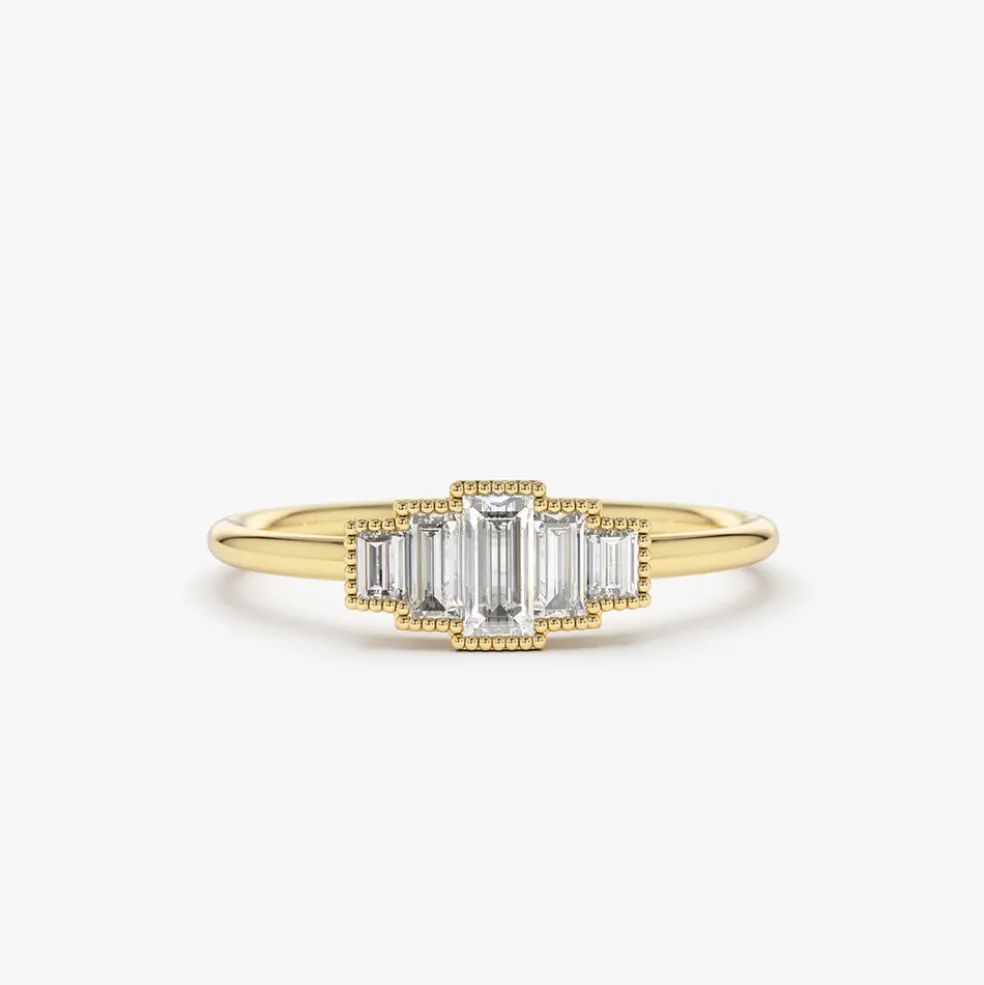 14K Gold Step Cut Baguette Diamond Ring
