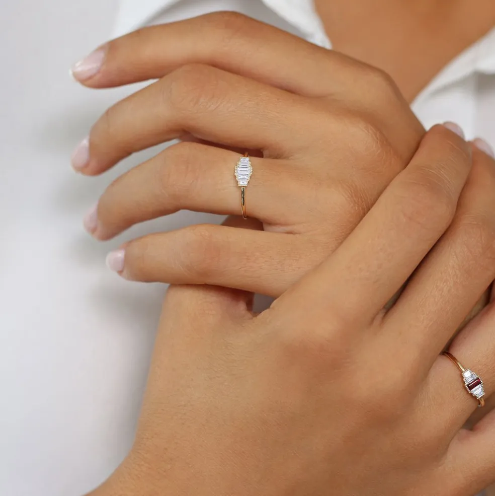 14K Gold Step Cut Baguette Diamond Ring