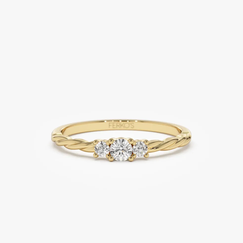 14k Gold Three Stone Dainty Diamond Twisted Ring