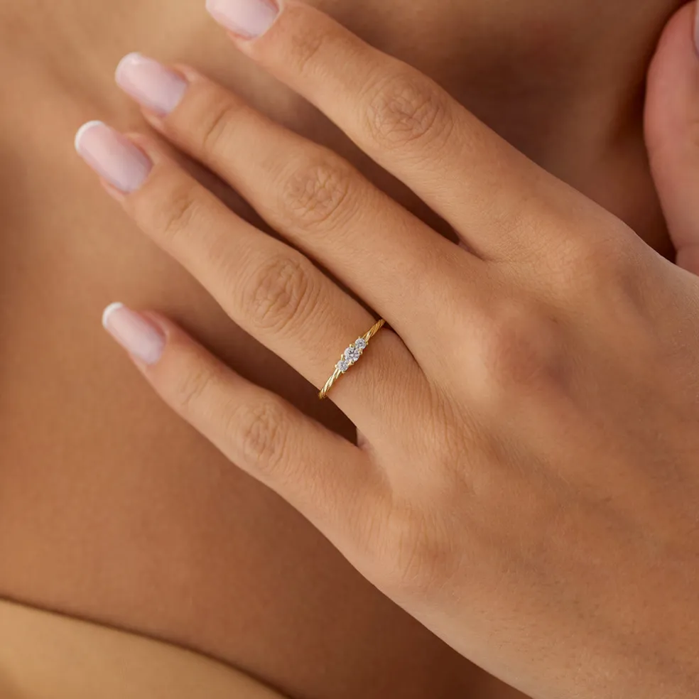 14k Gold Three Stone Dainty Diamond Twisted Ring