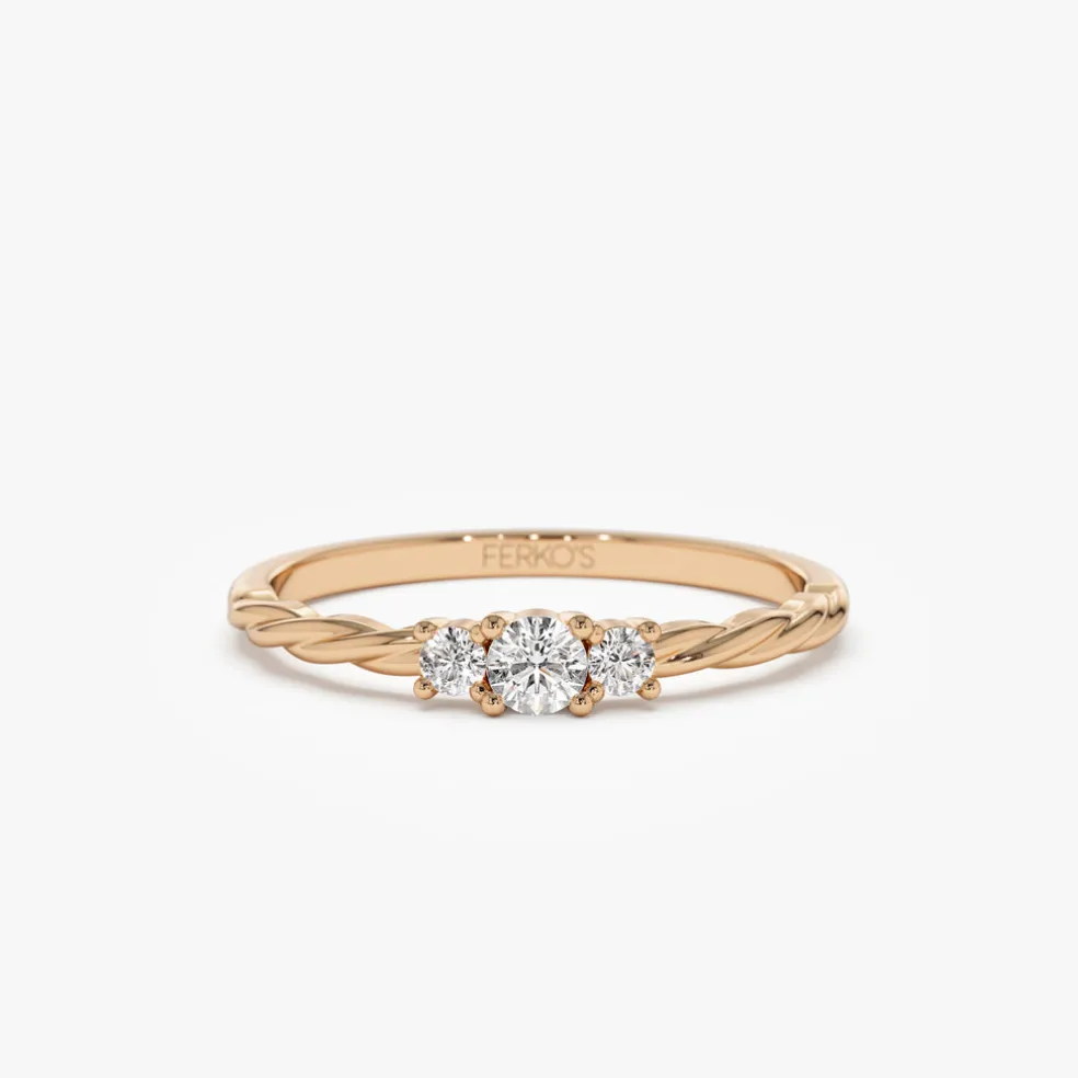 14k Gold Three Stone Dainty Diamond Twisted Ring