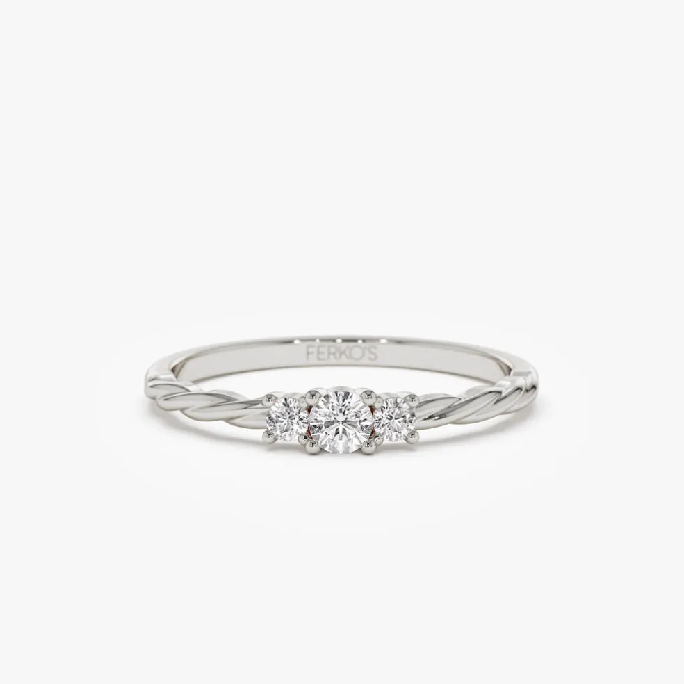 14k Gold Three Stone Dainty Diamond Twisted Ring