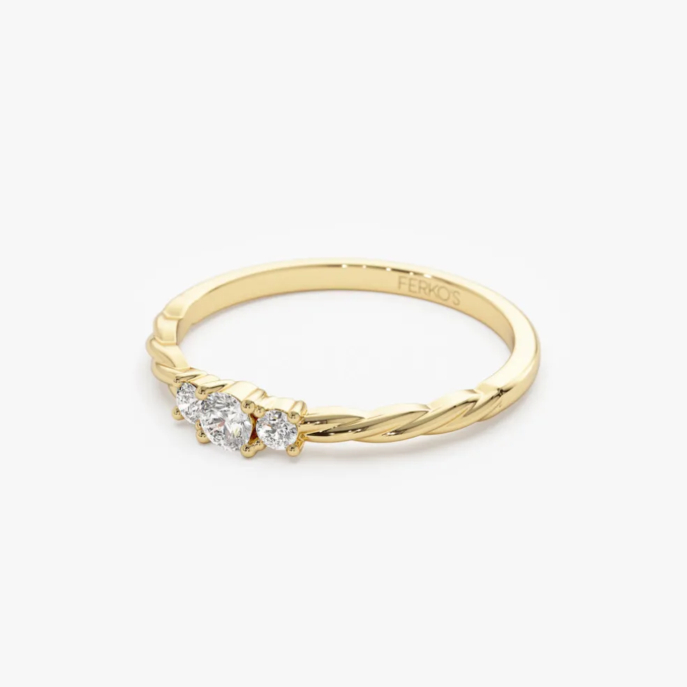 14k Gold Three Stone Dainty Diamond Twisted Ring