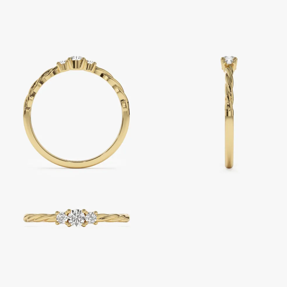 14k Gold Three Stone Dainty Diamond Twisted Ring