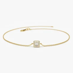 14K Gold Tiny Baguette and Round Diamond Station Bracelet
