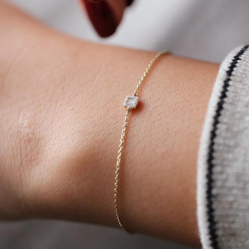 14K Gold Tiny Baguette and Round Diamond Station Bracelet