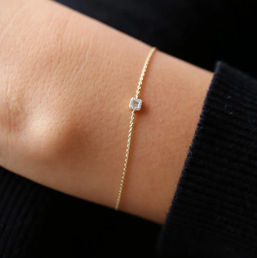 14K Gold Tiny Baguette and Round Diamond Station Bracelet