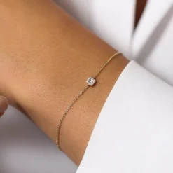 14K Gold Tiny Baguette and Round Diamond Station Bracelet