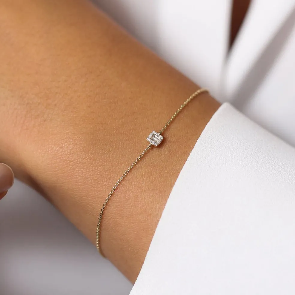 14K Gold Tiny Baguette and Round Diamond Station Bracelet