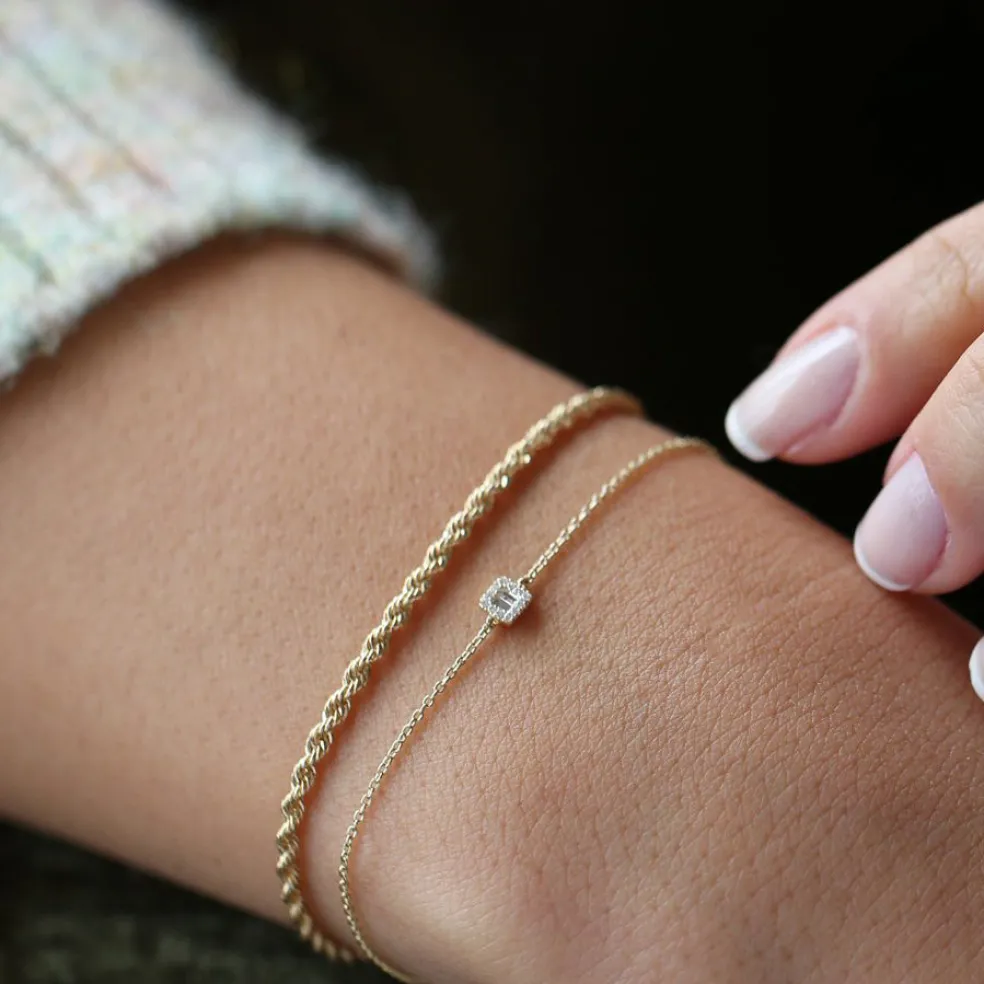 14K Gold Tiny Baguette and Round Diamond Station Bracelet