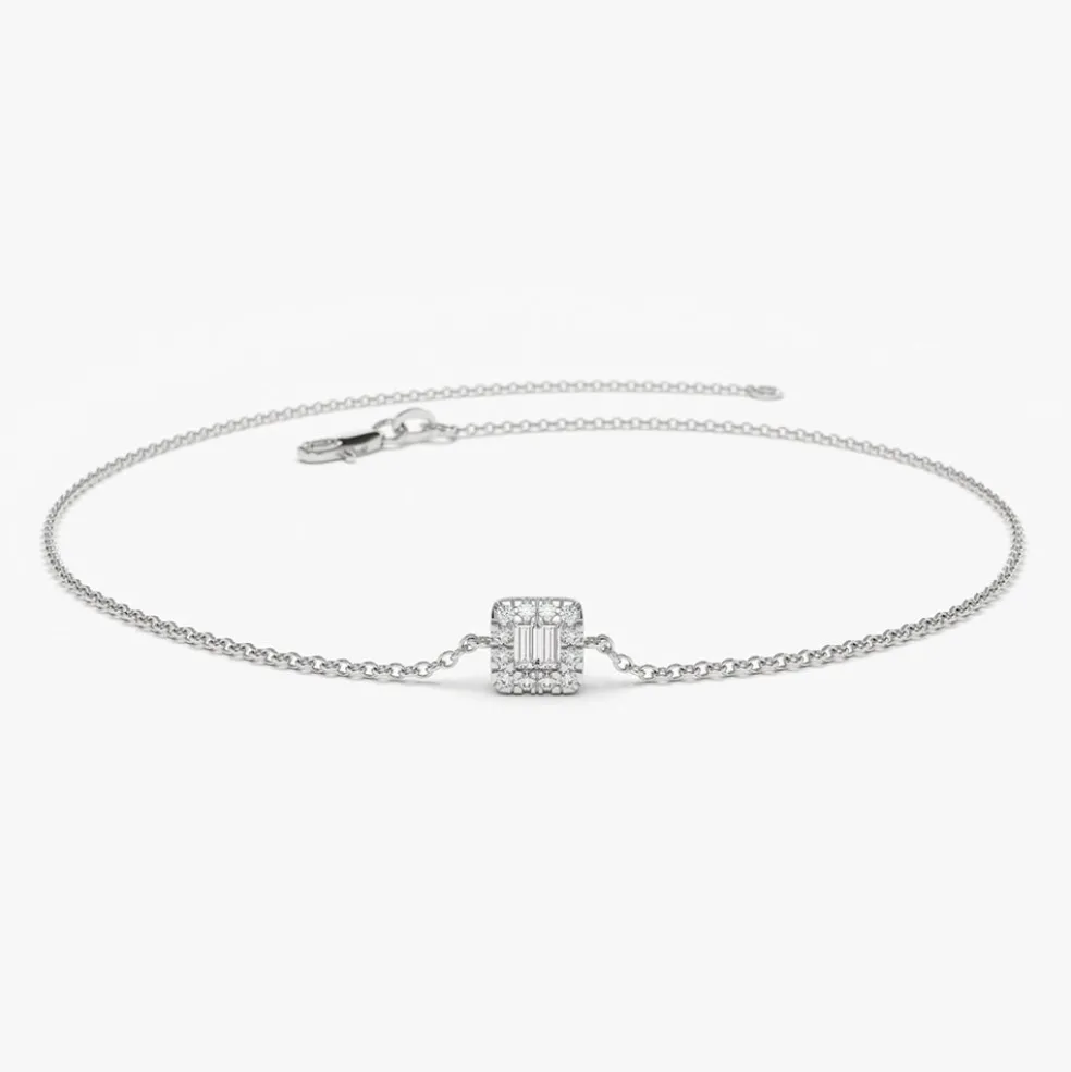 14K Gold Tiny Baguette and Round Diamond Station Bracelet
