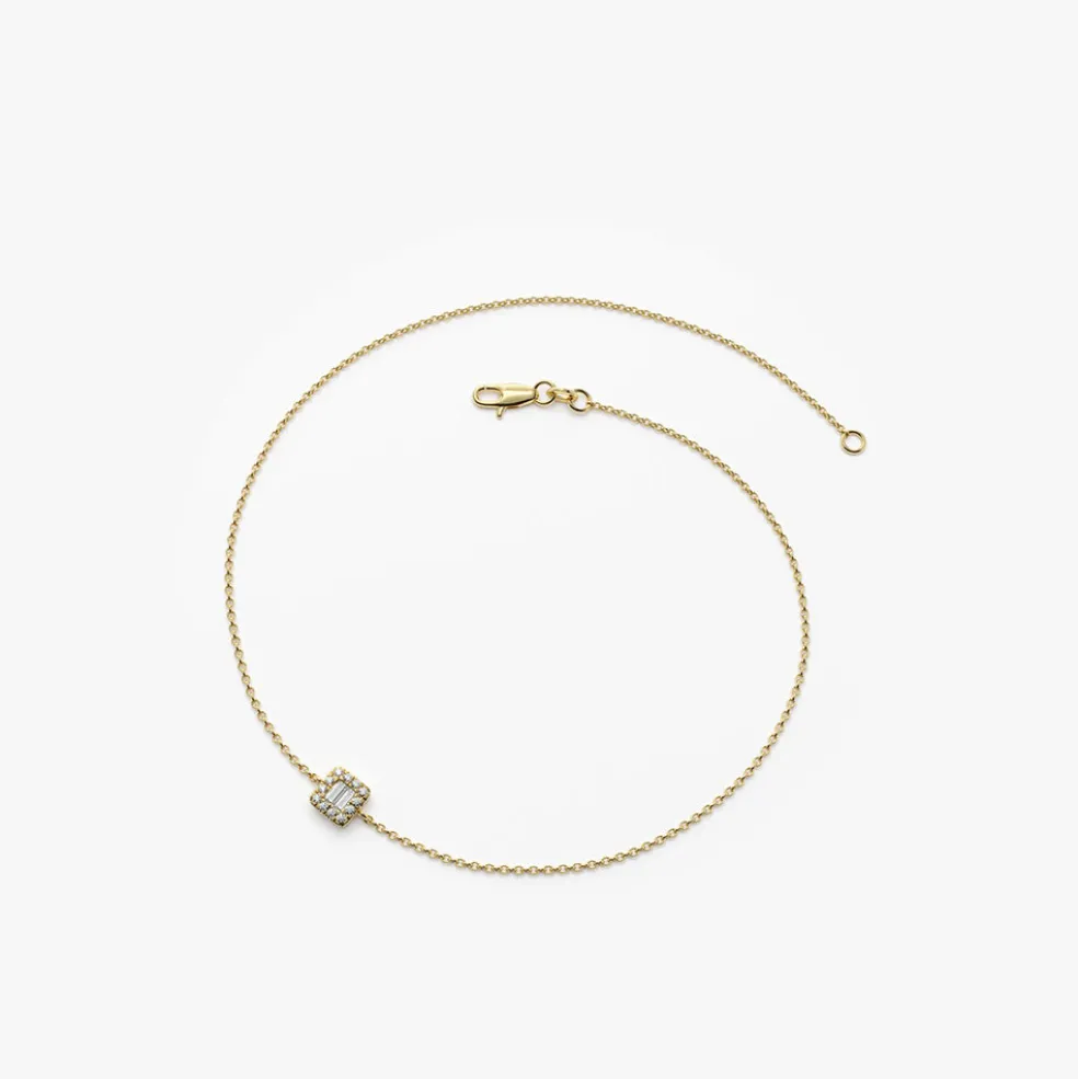 14K Gold Tiny Baguette and Round Diamond Station Bracelet
