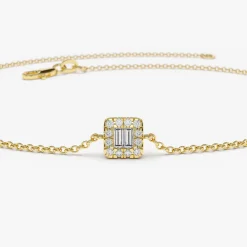 14K Gold Tiny Baguette and Round Diamond Station Bracelet