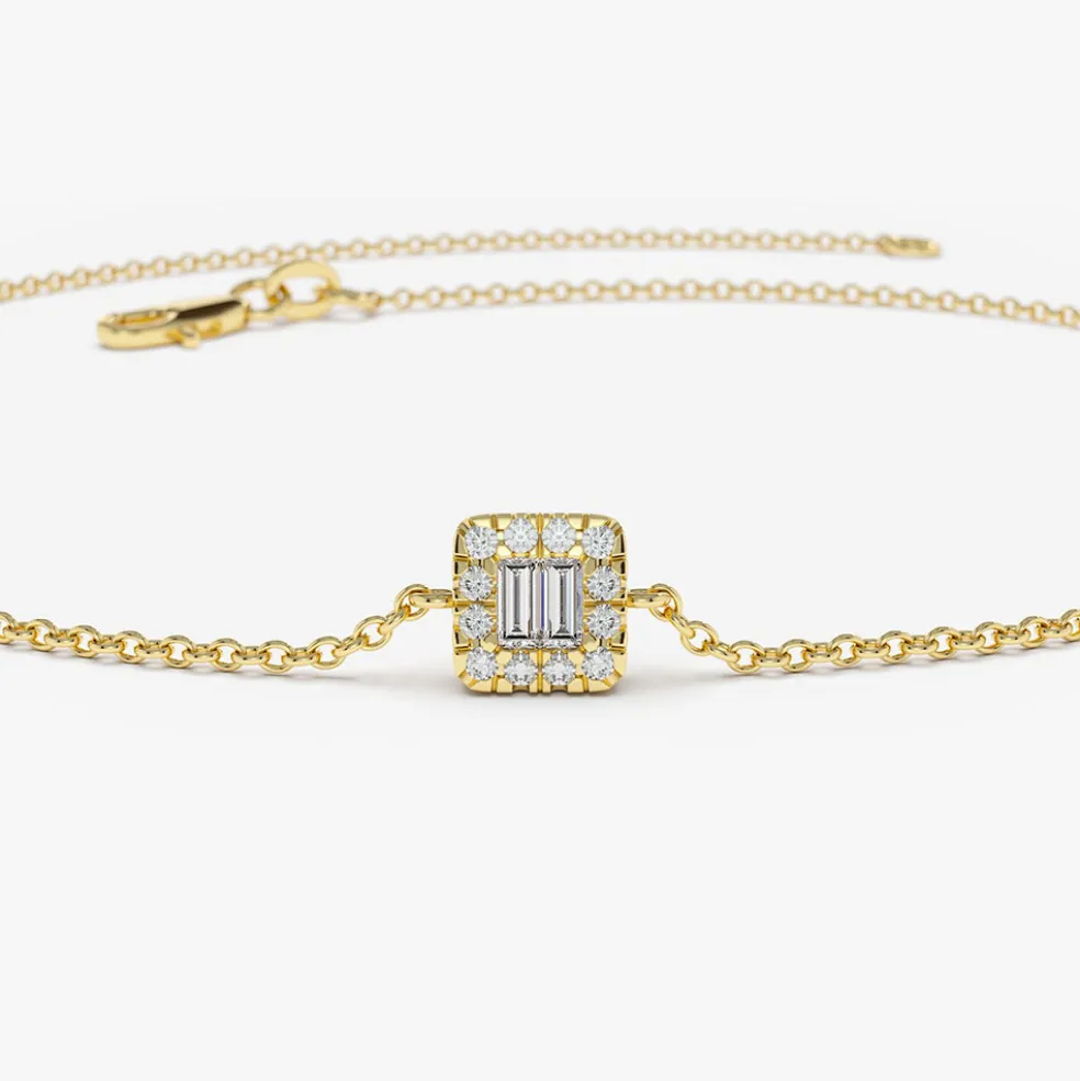 14K Gold Tiny Baguette and Round Diamond Station Bracelet