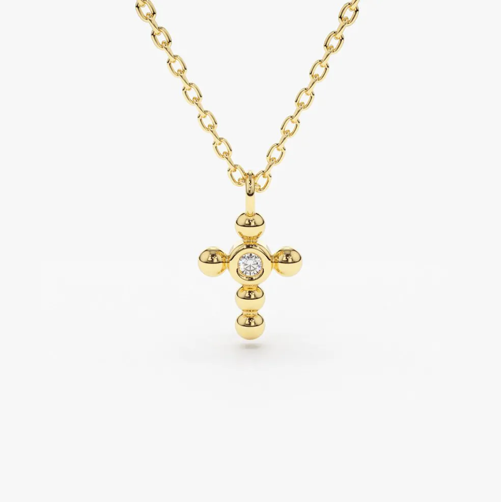 14K Gold Tiny Ball Diamond Cross Necklace
