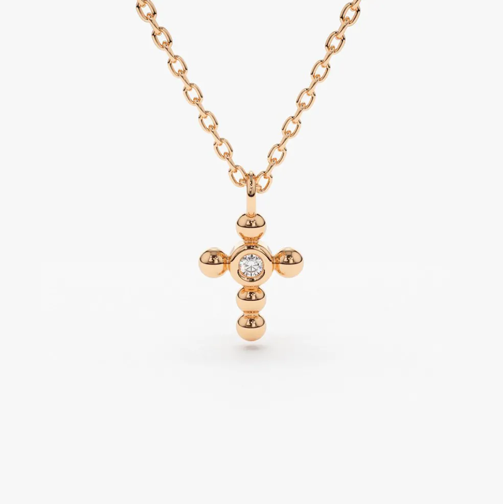 14K Gold Tiny Ball Diamond Cross Necklace