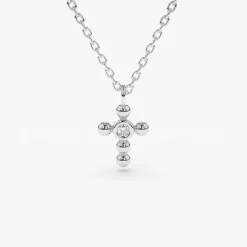 14K Gold Tiny Ball Diamond Cross Necklace