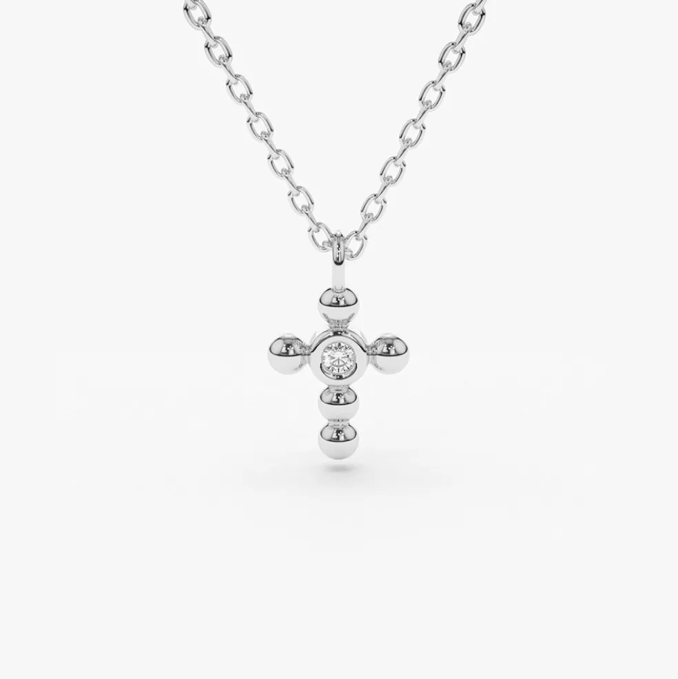 14K Gold Tiny Ball Diamond Cross Necklace
