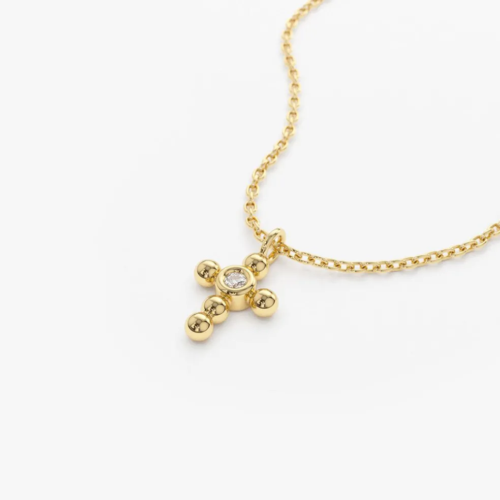 14K Gold Tiny Ball Diamond Cross Necklace