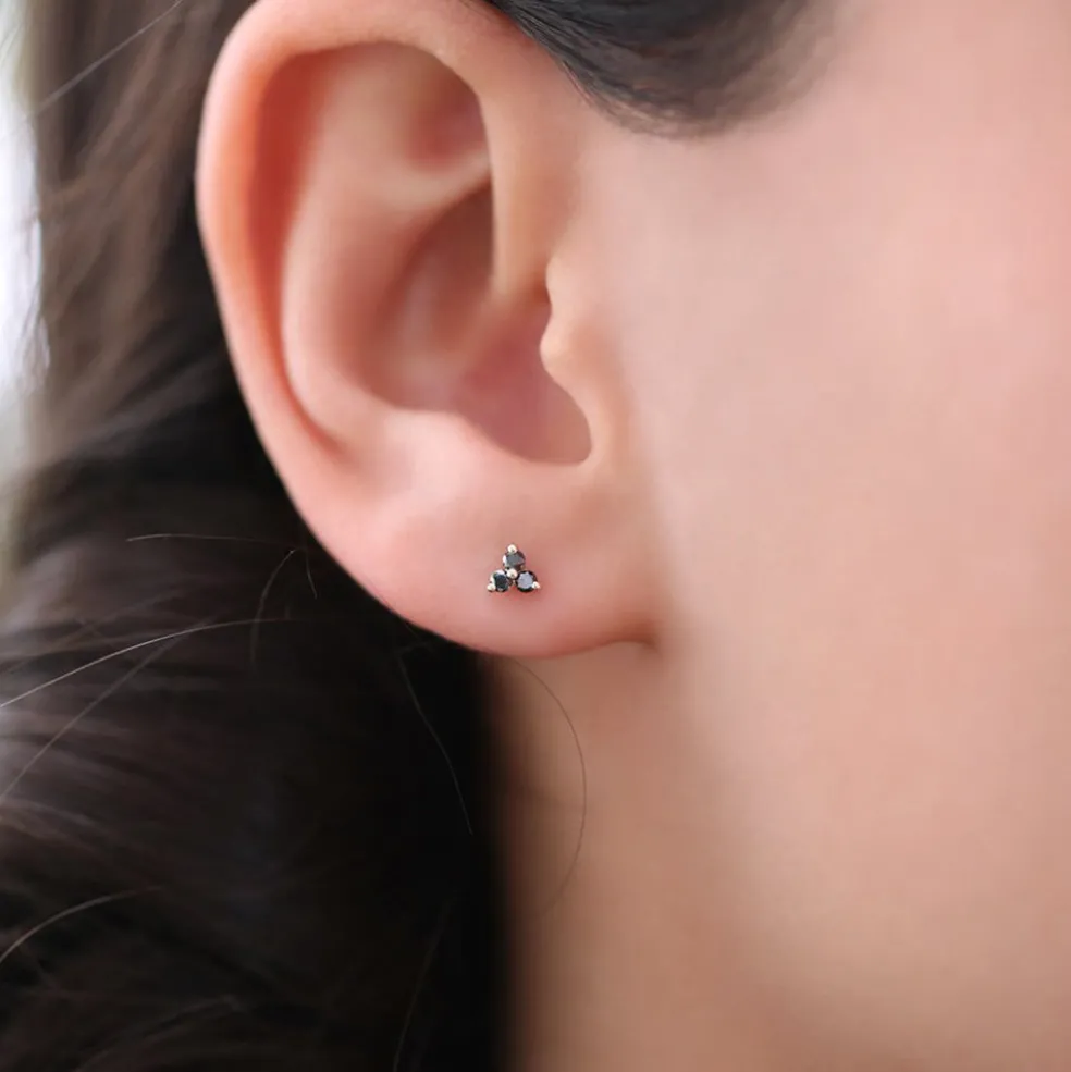 14K Gold Tiny Black Diamond Trio Stud Earrings