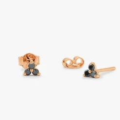 14K Gold Tiny Black Diamond Trio Stud Earrings