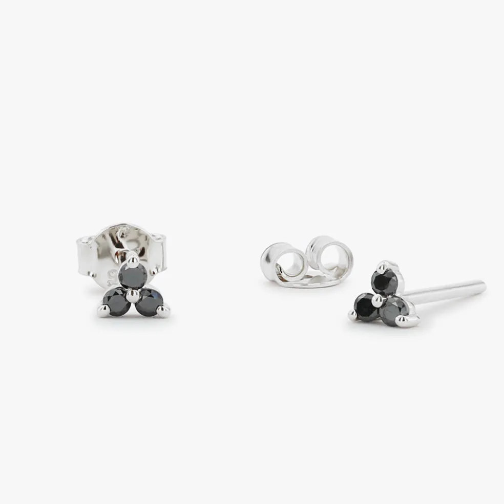 14K Gold Tiny Black Diamond Trio Stud Earrings