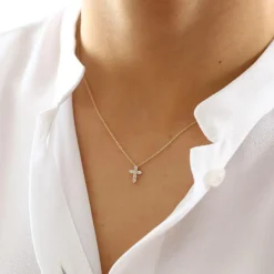 14K Gold Tiny Diamond Cross Necklace
