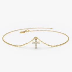 14k Gold Tiny Diamond Cross Charm Bracelet