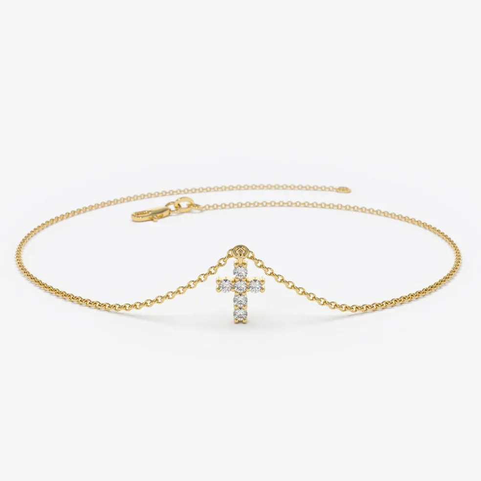 14k Gold Tiny Diamond Cross Charm Bracelet