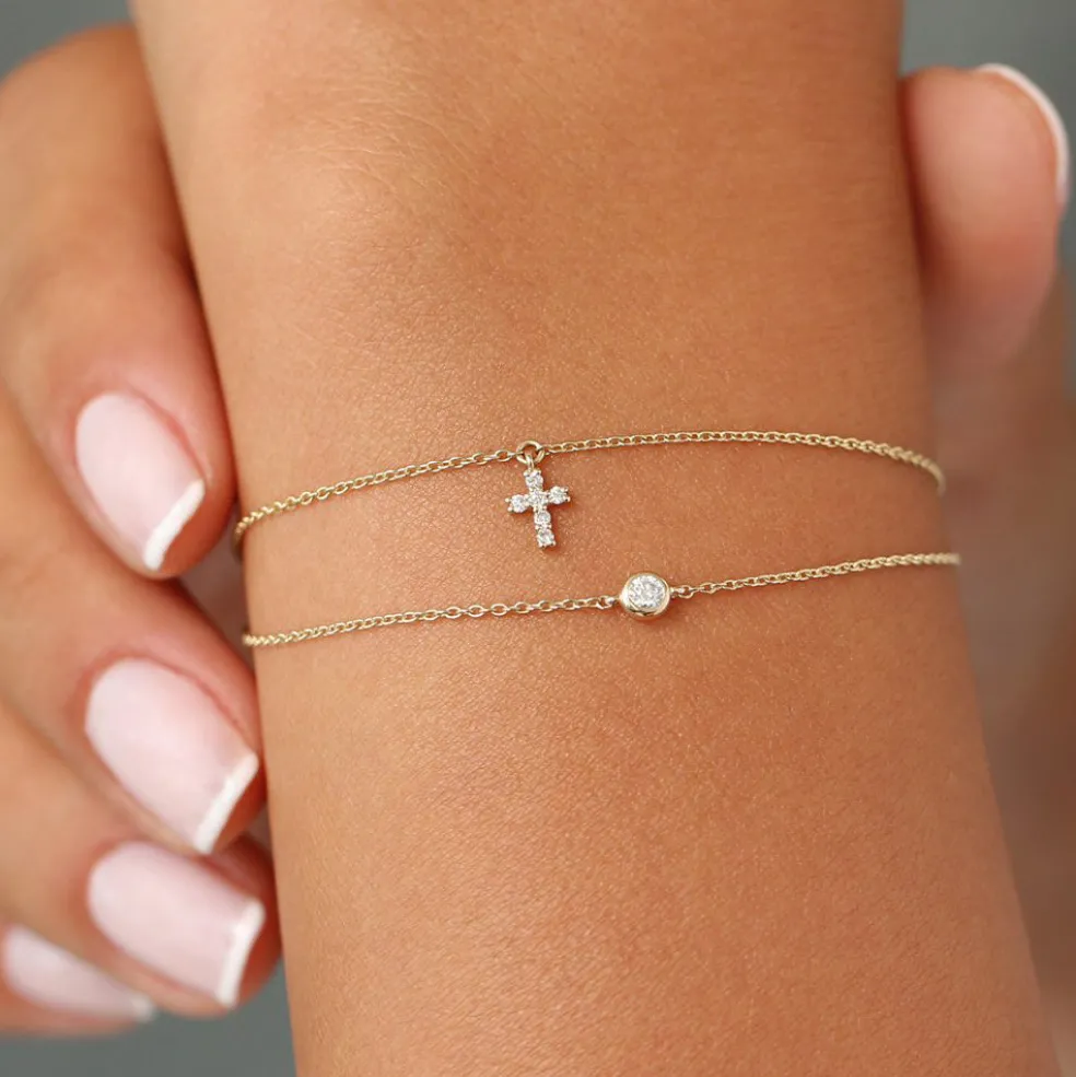 14k Gold Tiny Diamond Cross Charm Bracelet