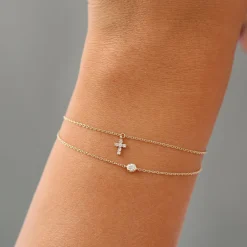 14k Gold Tiny Diamond Cross Charm Bracelet