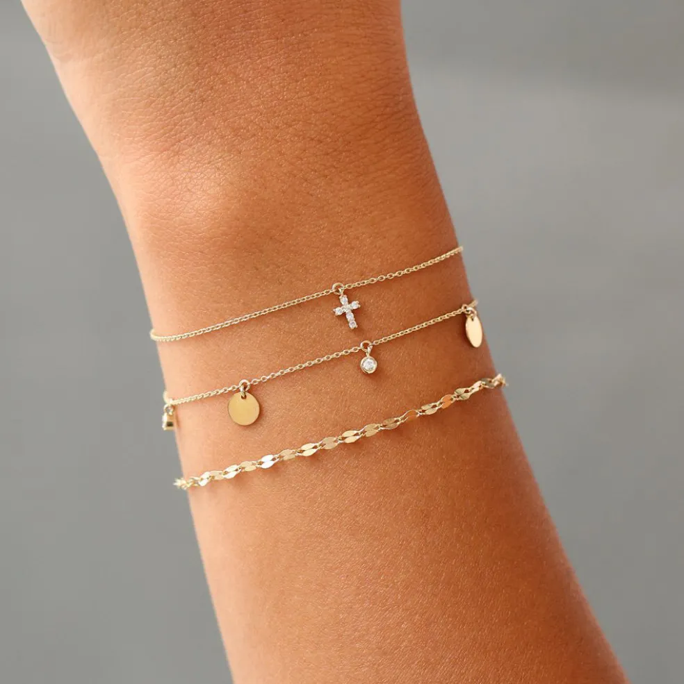 14k Gold Tiny Diamond Cross Charm Bracelet