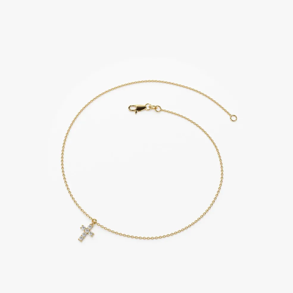 14k Gold Tiny Diamond Cross Charm Bracelet
