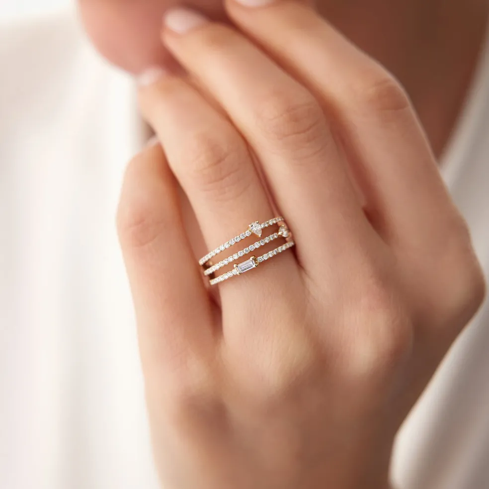 14k Gold Triple Row Mix Diamond Statement Ring