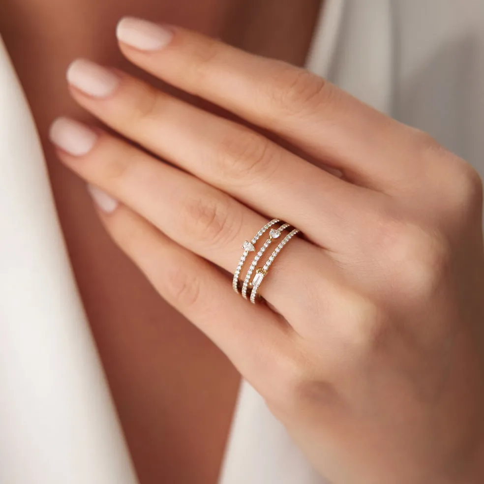 14k Gold Triple Row Mix Diamond Statement Ring