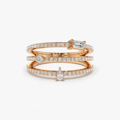 14k Gold Triple Row Mix Diamond Statement Ring