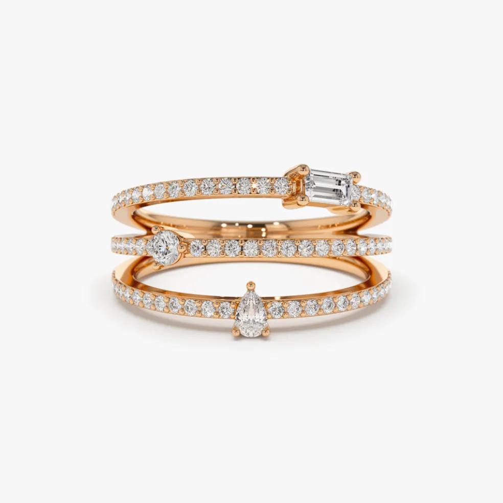 14k Gold Triple Row Mix Diamond Statement Ring