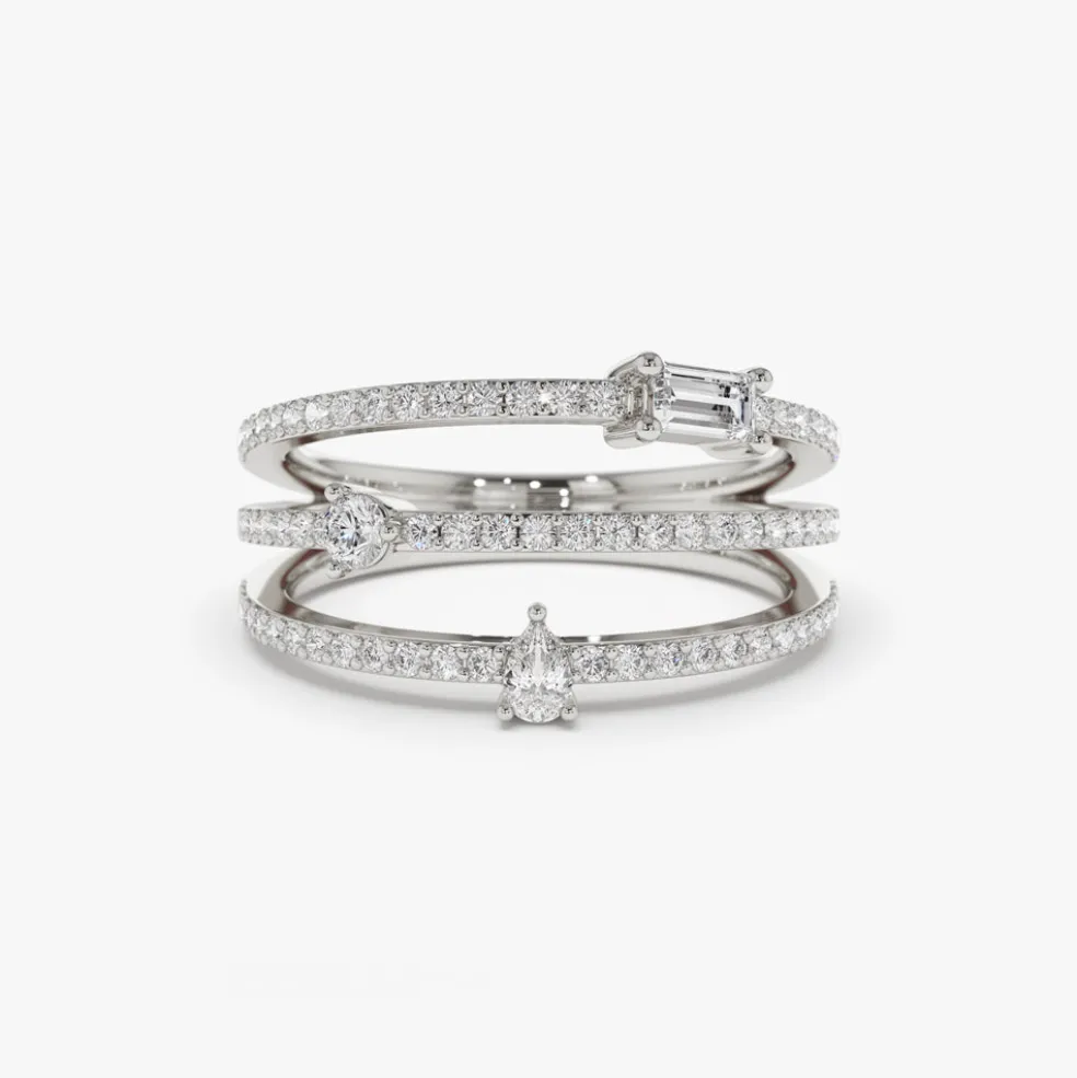 14k Gold Triple Row Mix Diamond Statement Ring