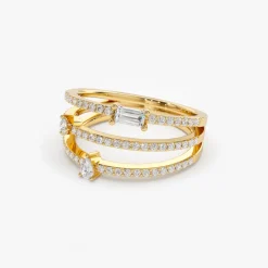 14k Gold Triple Row Mix Diamond Statement Ring