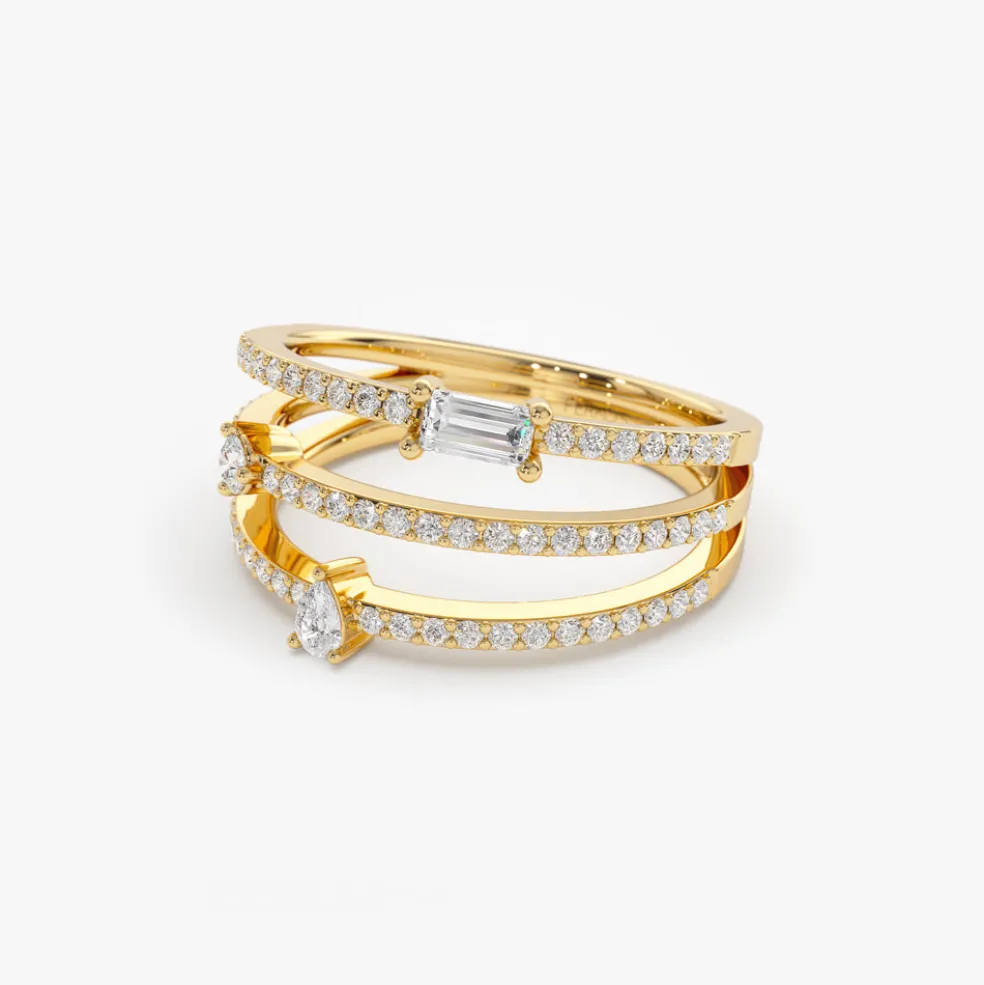 14k Gold Triple Row Mix Diamond Statement Ring