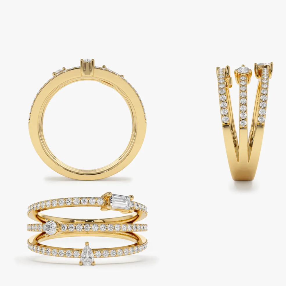 14k Gold Triple Row Mix Diamond Statement Ring