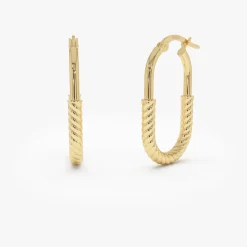 14K Gold Twisted Rope Oval Hoop Earrings