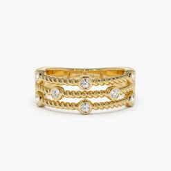 14K Gold Twisted Rope Triple Diamond Ring