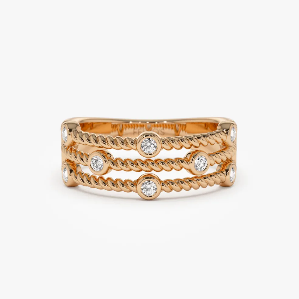 14K Gold Twisted Rope Triple Diamond Ring