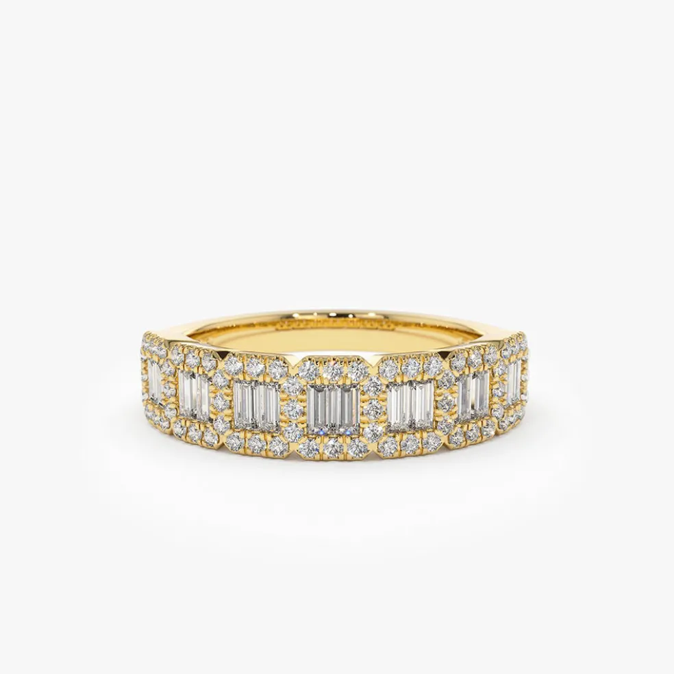 14K Gold Unique Baguette and Round Diamond Anniversary Ring