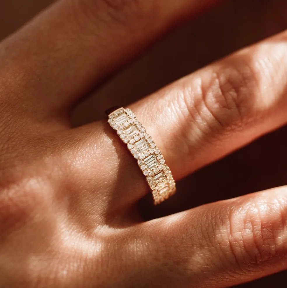 14K Gold Unique Baguette and Round Diamond Anniversary Ring