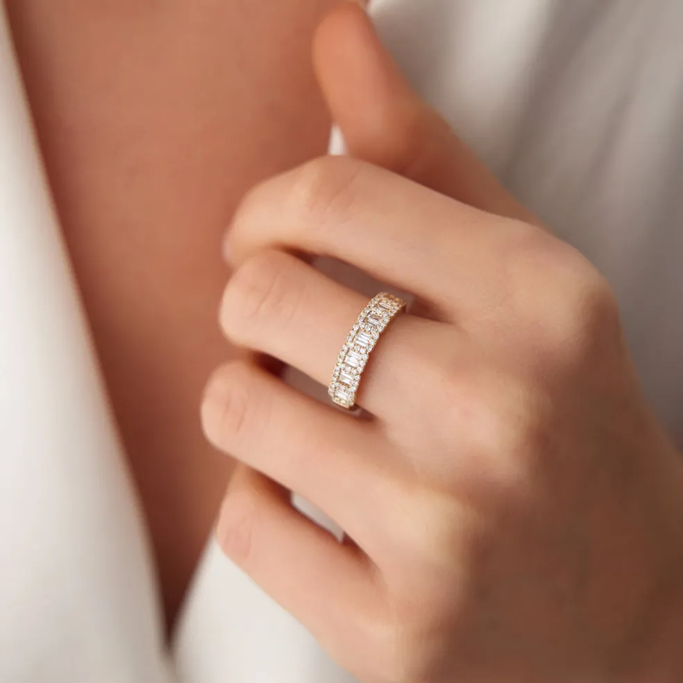 14K Gold Unique Baguette and Round Diamond Anniversary Ring